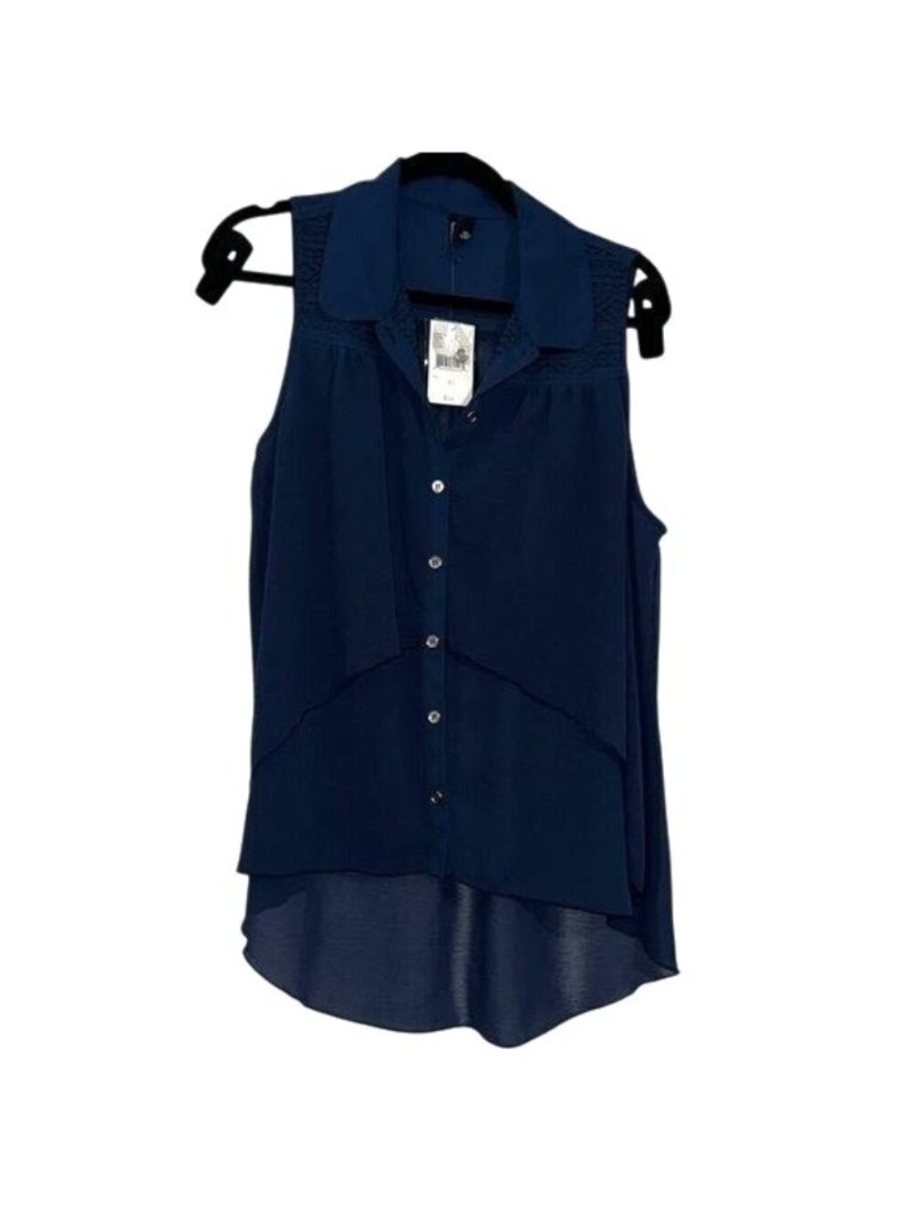 Sleeveless Blue Button-Down Blouse With Layered Hem XL